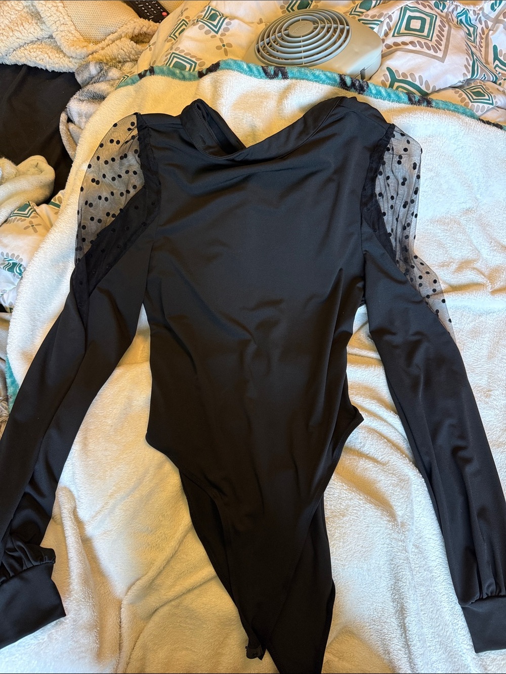SHEIN Black Long Sleeve Polka Dot Mesh Shoulder Bodysuit